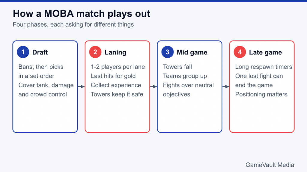 Diagram of four MOBA match phases: draft, laning, mid game and late game
