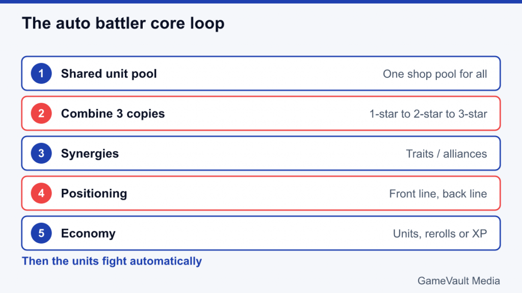List of five auto battler ingredients: shared pool, combining, synergies, positioning and economy